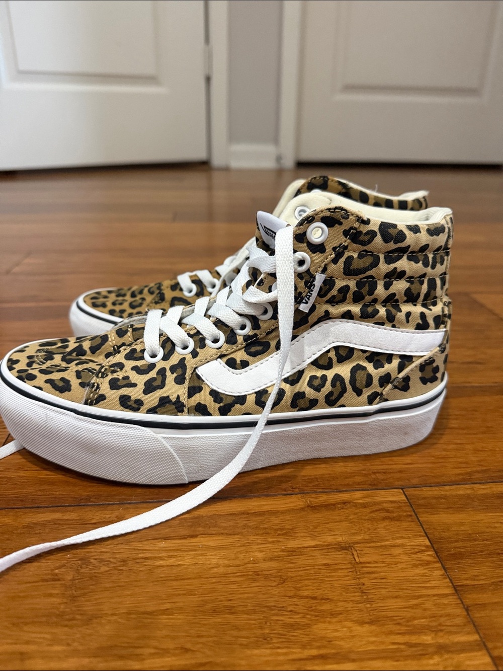 Vans Sk8-Hi Leopard Print High-Top Sneakers in Tan and Black